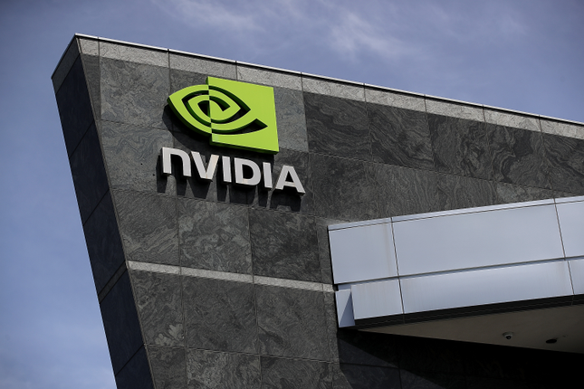 The Nvidia sign on the corner of the gray building that is Nvidia's headquarters